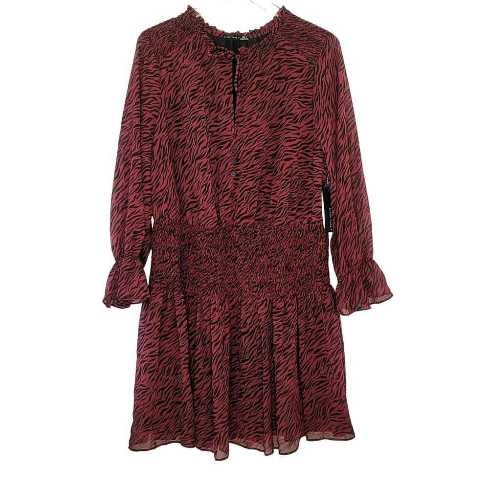 Black Tape Womens Burgundy Zebra Print Smocked Waist Mini Dress Long Sleeve NEW